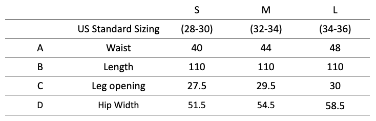 Sunday Navy Stitch Pants size chart